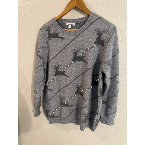 Serengeti Grey Long Sleeved Reindeer & Pearl Patterned Sweater - Picture 2 of 9